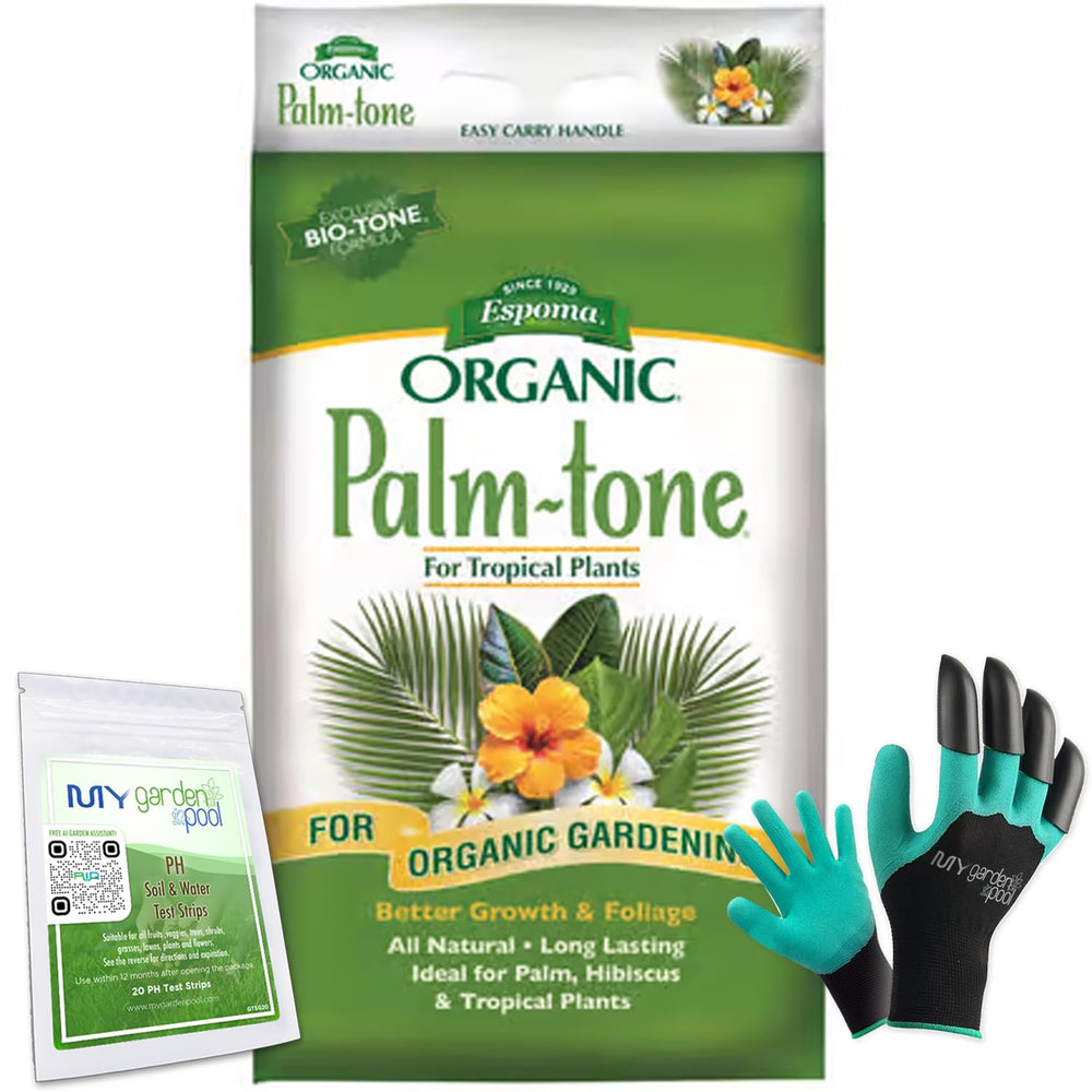 Espoma PM18 Palm-Tone 4-1-5; 18 lb. with My Garden Pool PH Soil Test Strips 20 ct, and My Garden Pool Superior Gardening Claw Gloves and Garden-IQ, Smart Gardening AI Assistant!