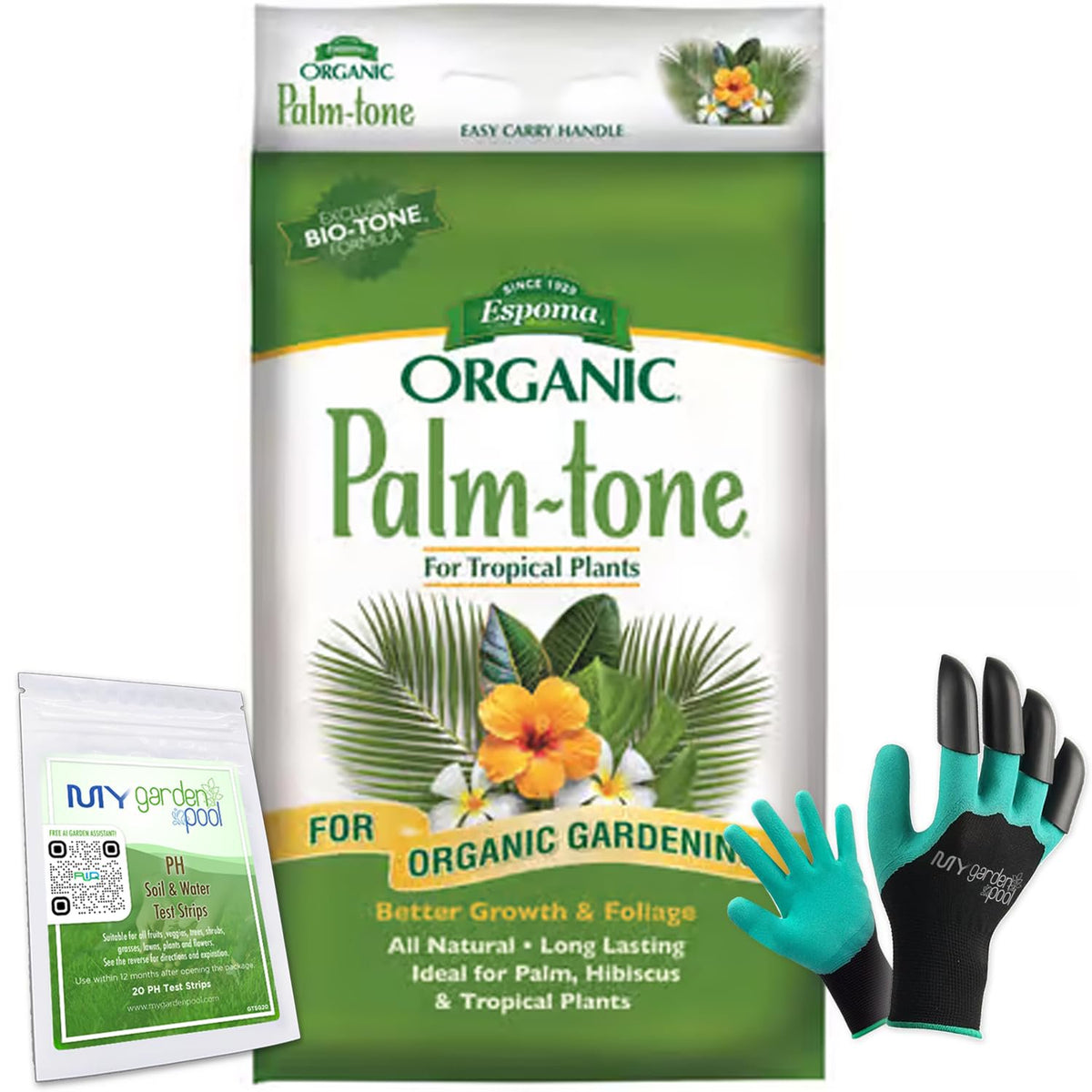 Espoma PM18 Palm-Tone 4-1-5; 18 lb. with My Garden Pool PH Soil Test Strips 20 ct, and My Garden Pool Superior Gardening Claw Gloves and Garden-IQ, Smart Gardening AI Assistant!