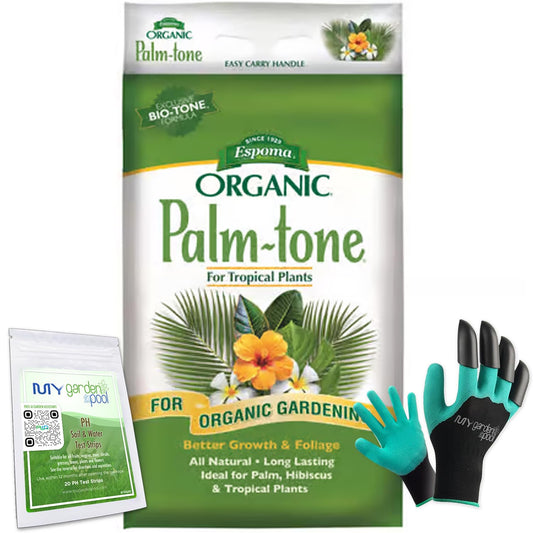 Espoma PM18 Palm-Tone 4-1-5; 18 lb. with My Garden Pool PH Soil Test Strips 20 ct, and My Garden Pool Superior Gardening Claw Gloves and Garden-IQ, Smart Gardening AI Assistant!