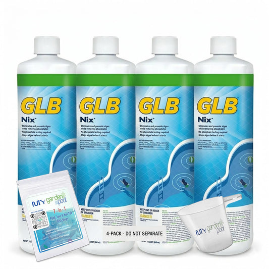 GLB NIX Algaecide 32 FL OZ 71221 with My Garden Pool 7 in 1 Test Strips and Measuring Cup, 4 Pack