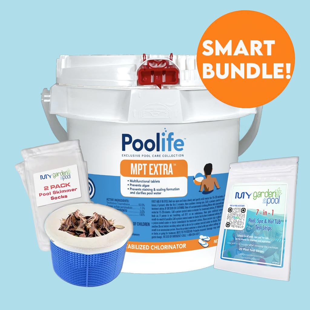 Poolife MPT Extra 11 lb, 42121 with My Garden Pool Scum Sponge, Scum Socks (2 ct.) and 7-in-1 Pool & Spa Test Strips (20 ct.)