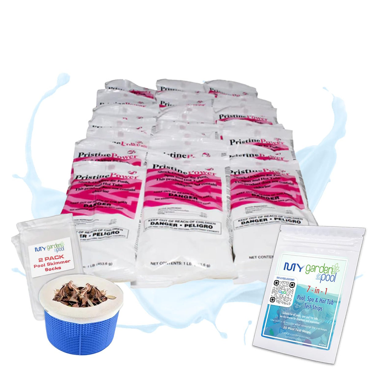 PristinePower 24 lb Non Chlorine Shock for Pools & Spas Clears Cloudy Water & Removes Contaminants Includes My Garden Pool 2 Scum Socks 7 in 1 Test Strip & Pool IQ Assistant