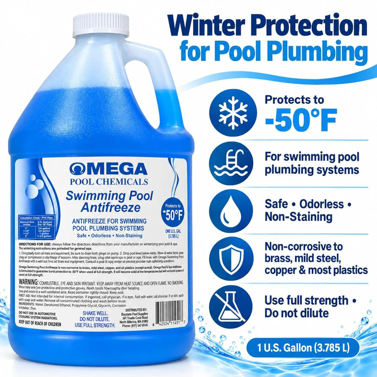 Omega Swimming Pool Antifreeze 1 Gallon, Protects to -50°F, Pool Plumbing Winterizer – Includes My Garden Pool 2 Filter Drain Plugs, Seat Removal Tool, 7-in-1 Test Strips & Pool-IQ Access
