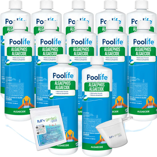 Poolife AlgaePhos – Dual-Action Algaecide & Phosphate Remover for Pools – Prevents Algae & Reduces Phosphates – Includes 7-in-1 Test Strips, Measuring Cup & Pool-IQ AI Assistant 12 Pack