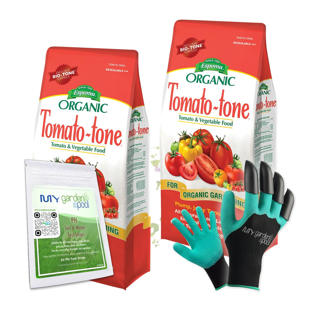Espoma TO4 Organic Tomato-Tone 3-4-6; Two Pack of 4lb. (2 x 4 lb.) 8% Calcium - with My Garden Pool PH Soil Test Strips 20 ct, and Gardening Claw Gloves and Garden-IQ, Smart Gardening AI Assistant!