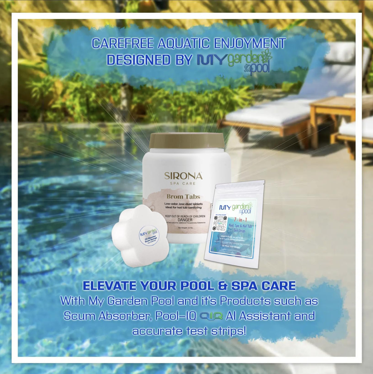 Sirona Bromine Tablets 82135 2.2 Lbs with My Garden Pool 20 Ct. Test Strips & Scum Sponge Flower Oil-Absorbing Sponge for Hot Tubs and Pools