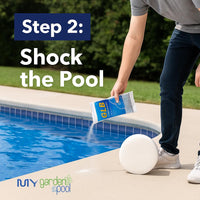 GLB Basic Start-Up Pool Bundle – 1 lb Supersonic Shock, Super Blue Clarifier, Sequa-Sol, Algimycin 2000 – with My Garden Pool Skimmer Socks, Scum Sponge & 7-in-1 Pool Test Strips