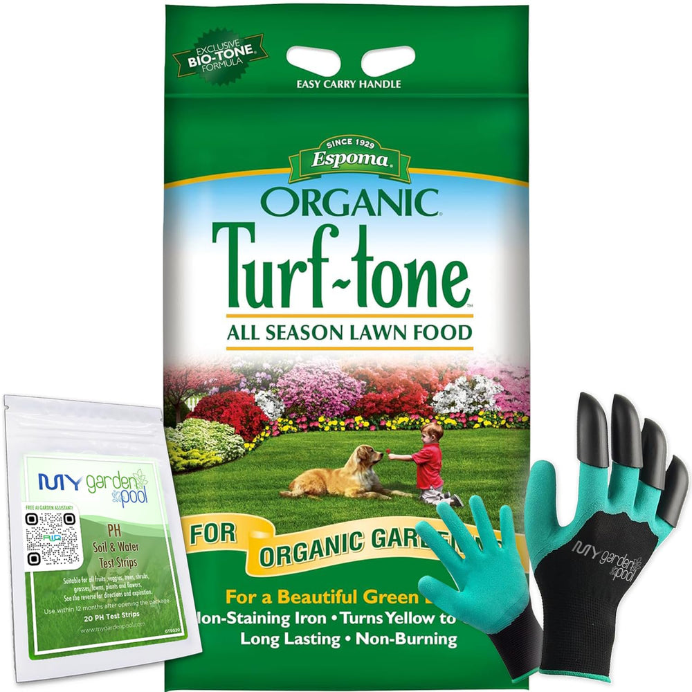 Espoma Turf-Tone All Season Organic Lawn Food with Iron & Exclusive Bio-Tone Formula with My Garden Pool PH Soil Test Strips 20 ct, and Superior Gardening Claw Gloves - 14 LBS