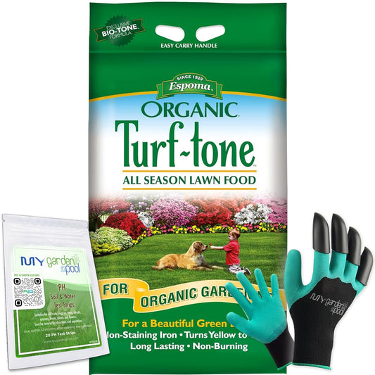 Espoma Turf-Tone All Season Organic Lawn Food with Iron & Exclusive Bio-Tone Formula with My Garden Pool PH Soil Test Strips 20 ct, and Superior Gardening Claw Gloves - 14 LBS