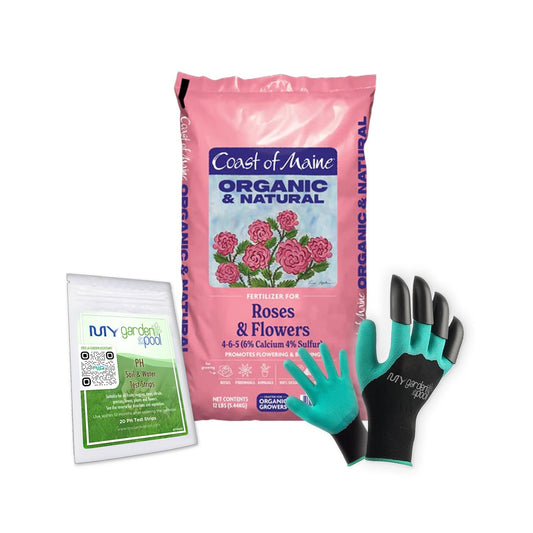 Coast of Maine RF6501 Rose & Flower Plant Food 12 LB – Natural Organic Fertilizer for Roses & Perennials with My Garden Pool Soil Test Strips & Gardening Claw Gloves