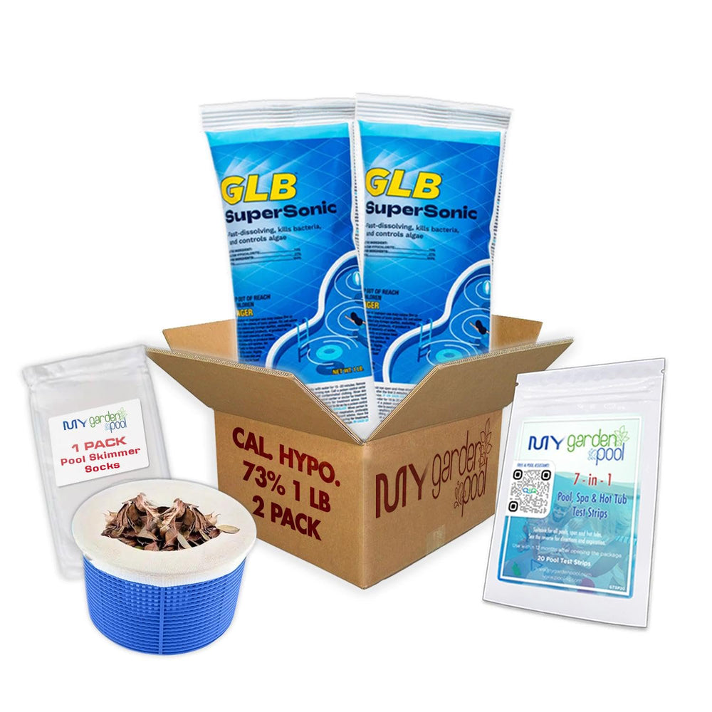 GLB Calcium Hypochlorite Pool Shock, 1-Pound, 2-Pack Complete Pool Care Kit with My Garden Pool Skimmer Sock and 7-in-1 Test Strips, 20 ct. – Powerful Chlorine Shock for Clear Swimming Water