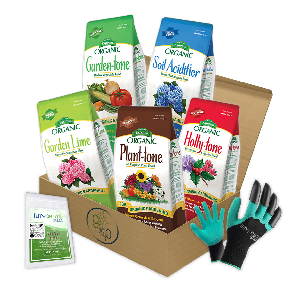 MYGP Organic Fertilizer Bundle – 5×4 lb: Garden, Holly, Plant, Lime & Acidifier – with My Garden Pool Claw Gloves & Soil pH Test Strips – Complete Soil Nutrition and pH Balancing Kit for Gardening