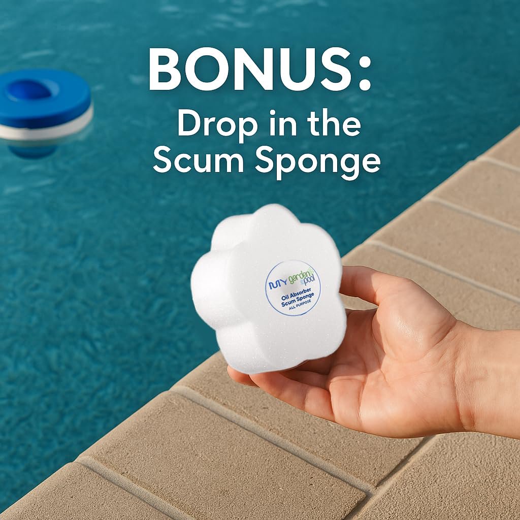 GLB Basic Start-Up Pool Bundle – 1 lb Supersonic Shock, Super Blue Clarifier, Sequa-Sol, Algimycin 2000 – with My Garden Pool Skimmer Socks, Scum Sponge & 7-in-1 Pool Test Strips