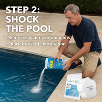 GLB Super Start-Up Pool Bundle – 4×1 lb Supersonic Shock, 2× Algimycin 2000, 2× Sequa-Sol, 1 lb Stabilizer, Super Blue – with My Garden Pool Skimmer Socks, Scum Sponge & Test Strips (20 ct)