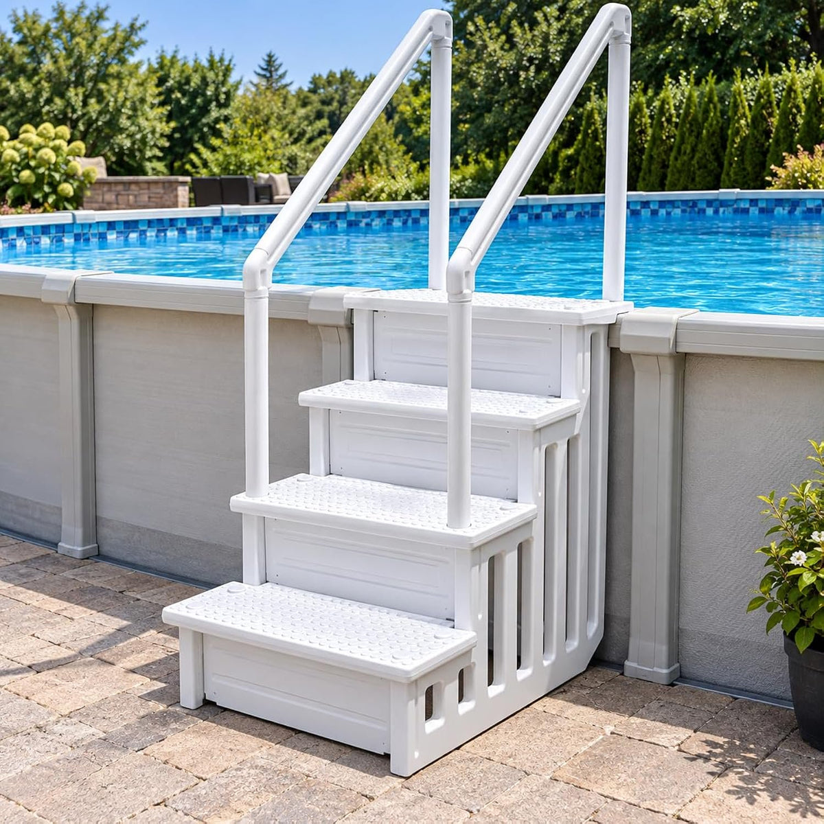 My Garden Pool 4-Step In-Pool Entry Stairs for 48–54 Inch Above-Ground Pools, Dual Handrails, Textured Step Surfaces, 2 Adjustable Deck Connectors and Slotted Side Panels, White