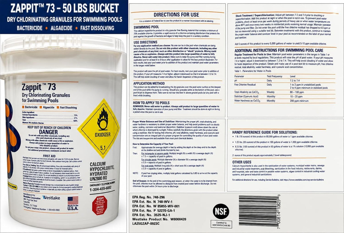 Zappit 73% Cal-Hypo Dry Chlorinating Granules 50 LB Bucket – Bactericide, Algaecide, and Fast Dissolving Shock with My Garden Pool Skimmer Socks and 7-in-1 Test Strips. – Powerful Chlorine Shock