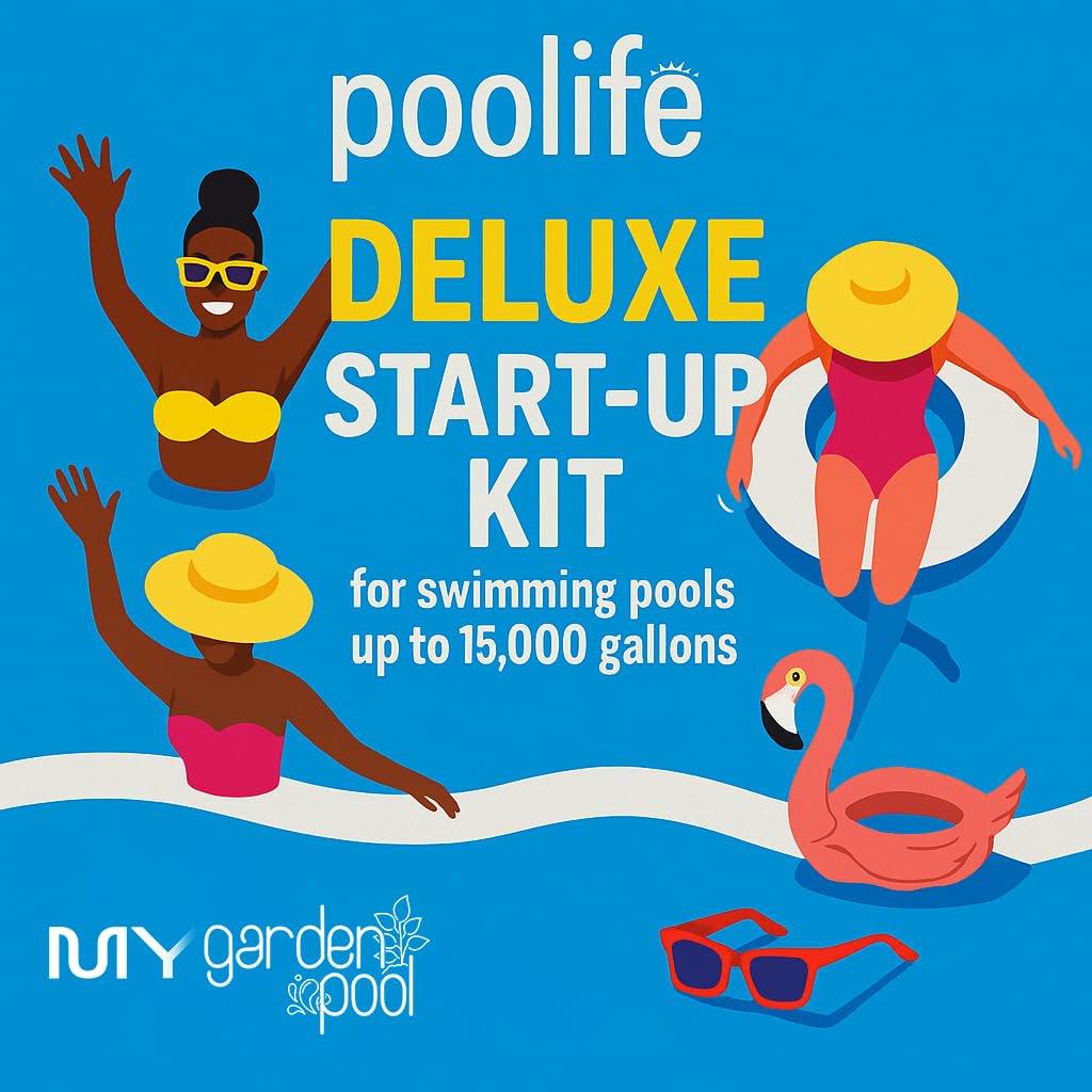 Poolife Deluxe Start-Up Pool Bundle – 2× TurboShock, Defend+, Clarifier, Stain Preventer – with My Garden Pool Skimmer Socks, Scum Sponge & 7-in-1 Pool Test Strips (20 ct)