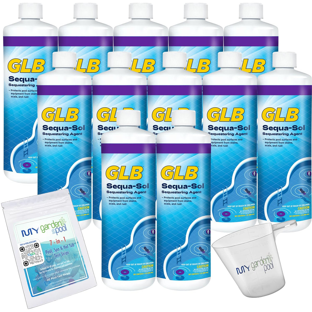 GLB Sequa-Sol 32 FL OZ (71016A) Prevents Stains & Scale, Includes My Garden Pool Measuring Cup & Test Strips, 12-Pack