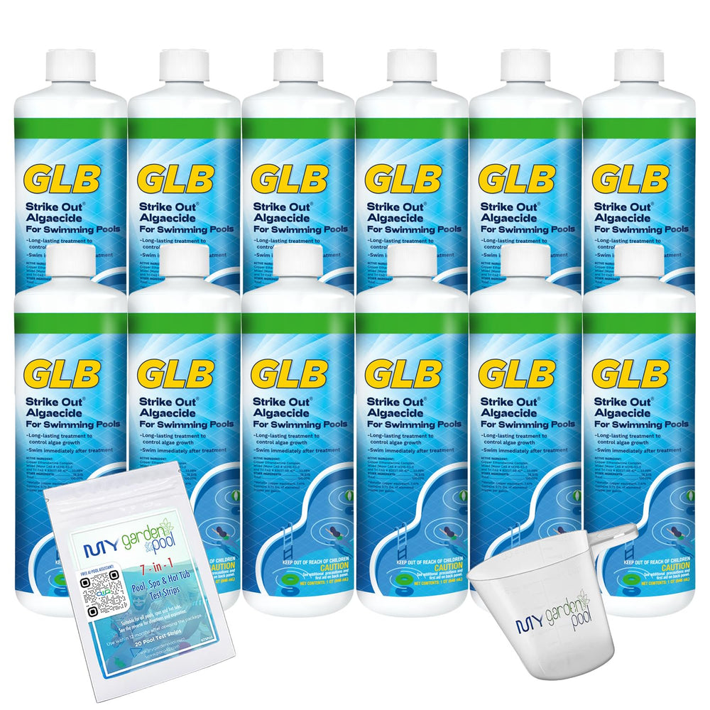 GLB Strike-Out Algaecide 32 FL OZ 71114A with My Garden Pool 7 in 1 Test Strips and Measuring Cup, 12 Pack
