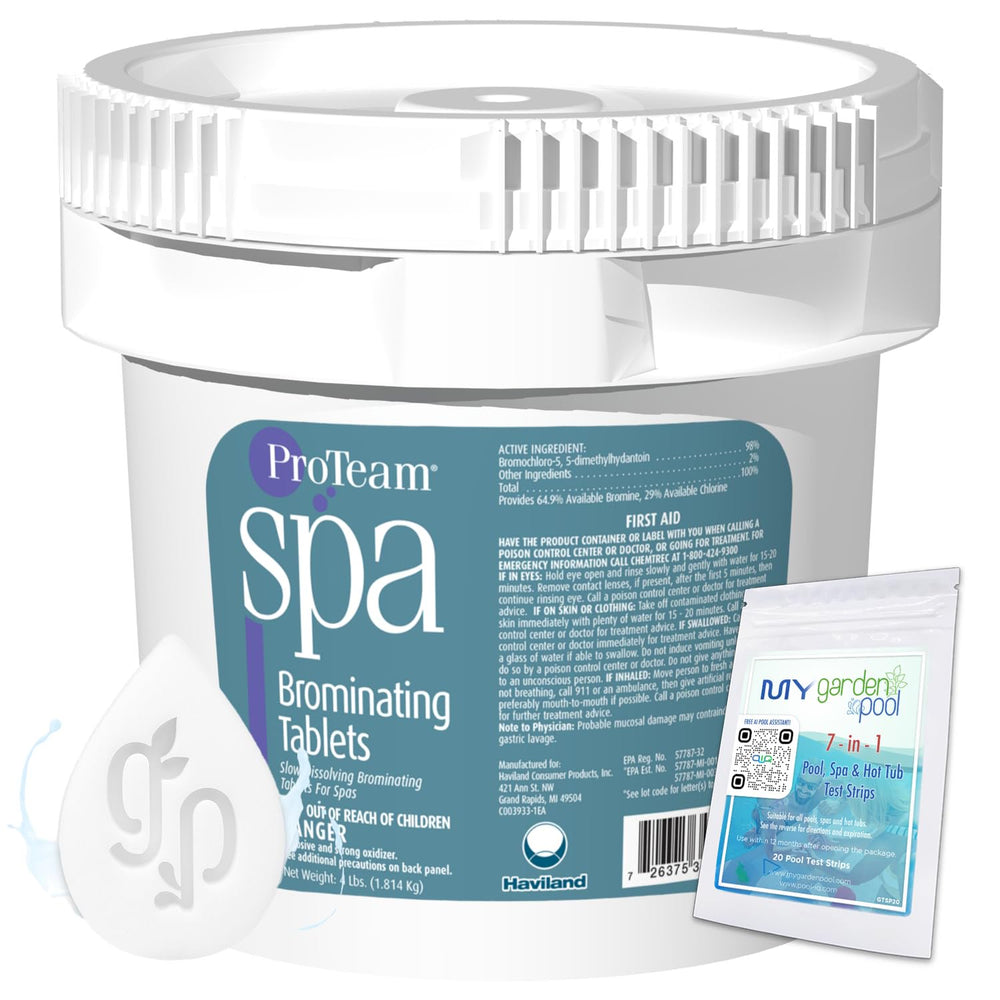 ProTeam Spa Brominating Tablets 4 LBS with My Garden Pool 20 Ct. Test Strips & Scum Sponge Oil-Absorbing Sponge for Hot Tubs and Pools