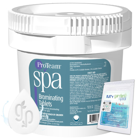 ProTeam Spa Brominating Tablets 4 LBS with My Garden Pool 20 Ct. Test Strips & Scum Sponge Oil-Absorbing Sponge for Hot Tubs and Pools