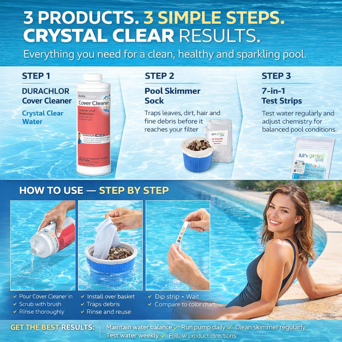 Haviland Durachlor Cover Cleaner 1 QT with My Garden Pool Scum Socks, Test Strip & Pool-IQ AI Assistant