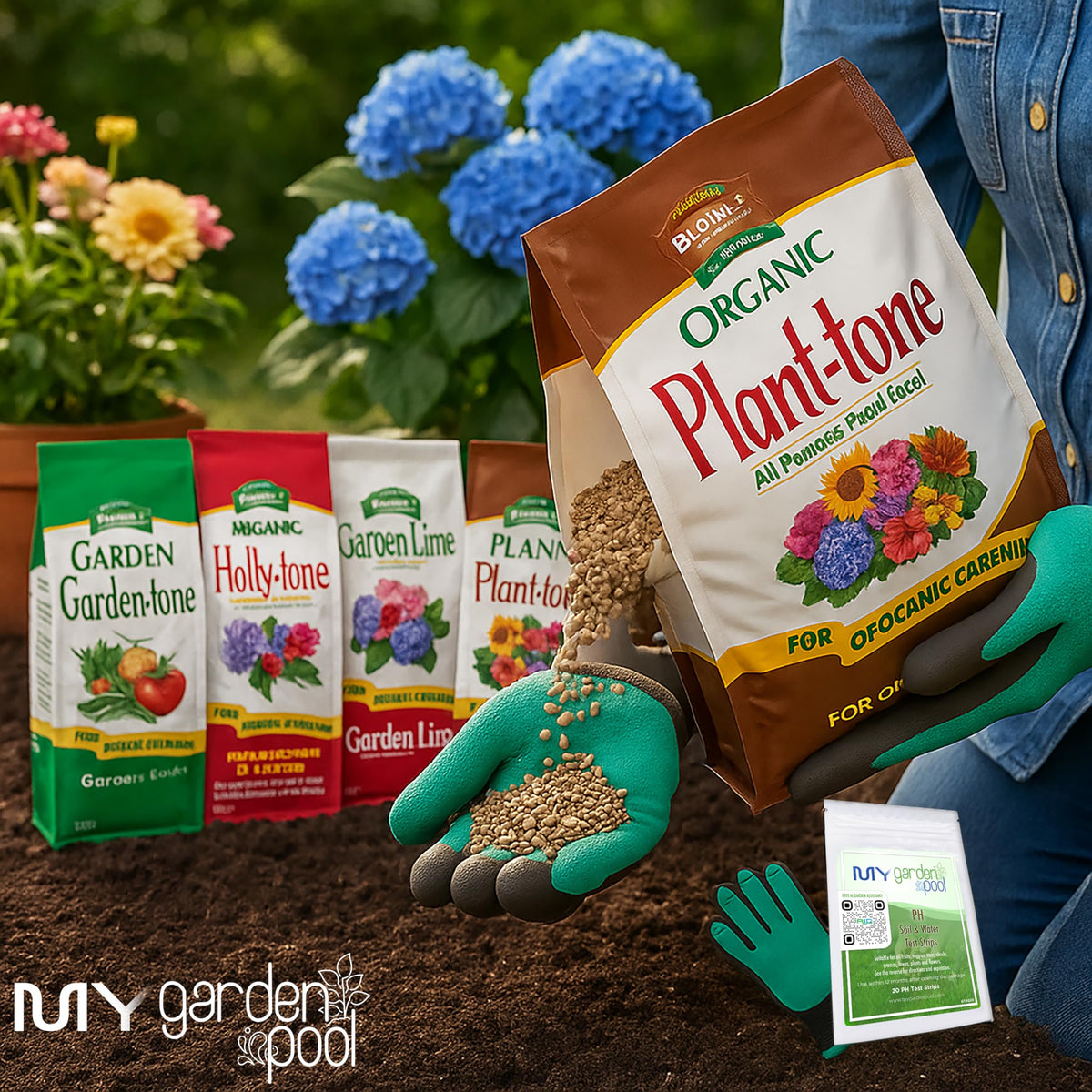 MYGP Organic Fertilizer Bundle – 5×4 lb: Garden, Holly, Plant, Lime & Acidifier – with My Garden Pool Claw Gloves & Soil pH Test Strips – Complete Soil Nutrition and pH Balancing Kit for Gardening