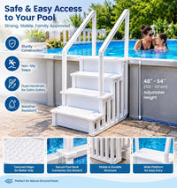 My Garden Pool 4-Step In-Pool Entry Stairs for 48–54 Inch Above-Ground Pools, Dual Handrails, Textured Step Surfaces, 2 Adjustable Deck Connectors and Slotted Side Panels, White