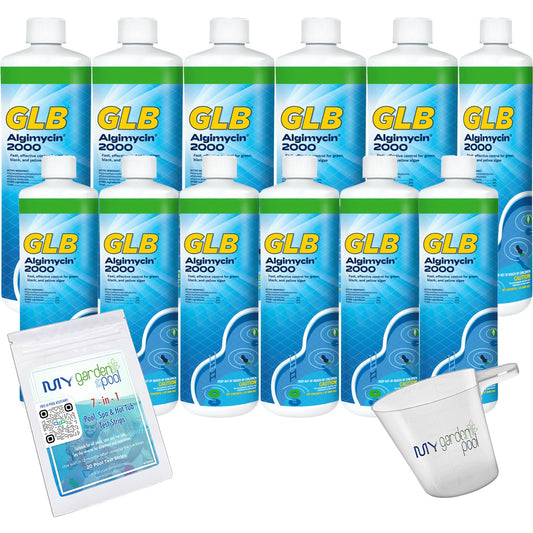 GLB Algimycin 2000 Algaecide 32 FL OZ 71104A with My Garden Pool 7 in 1 Test Strips, Measuring Cup and POOL-IQ, 12 Pack