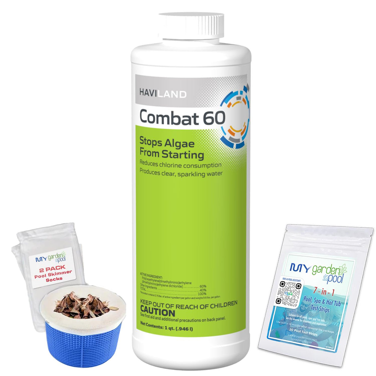 Haviland Durachlor Combat 60 1 QT with My Garden Pool Scum Socks, Test Strip & Pool-IQ AI Assistant