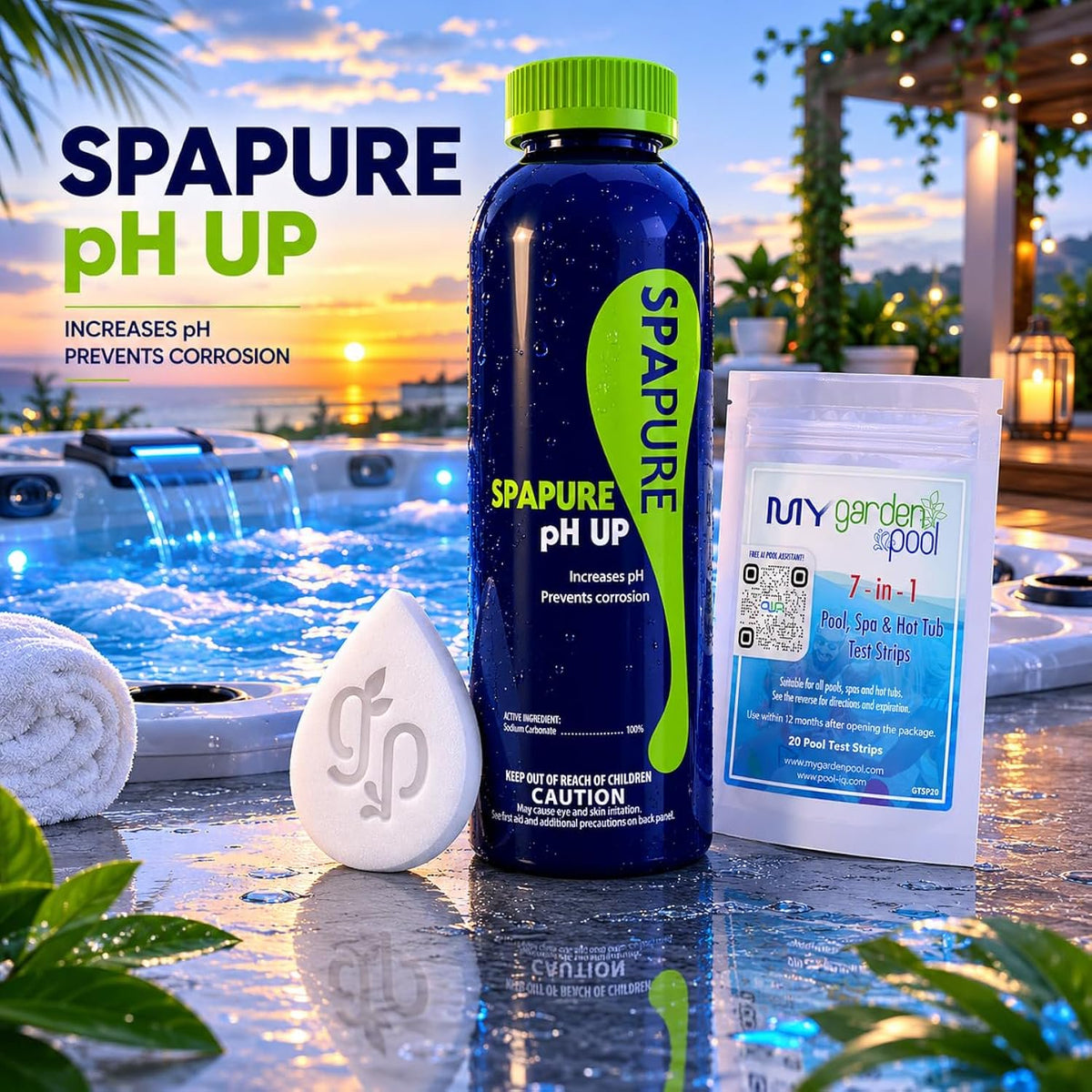 SpaPure Spa pH Up, 1 LBS – Includes My Garden Pool 20 Ct. Test Strips & Scum Sponge – Raises pH & Alkalinity for Balanced & Clear Spa Water