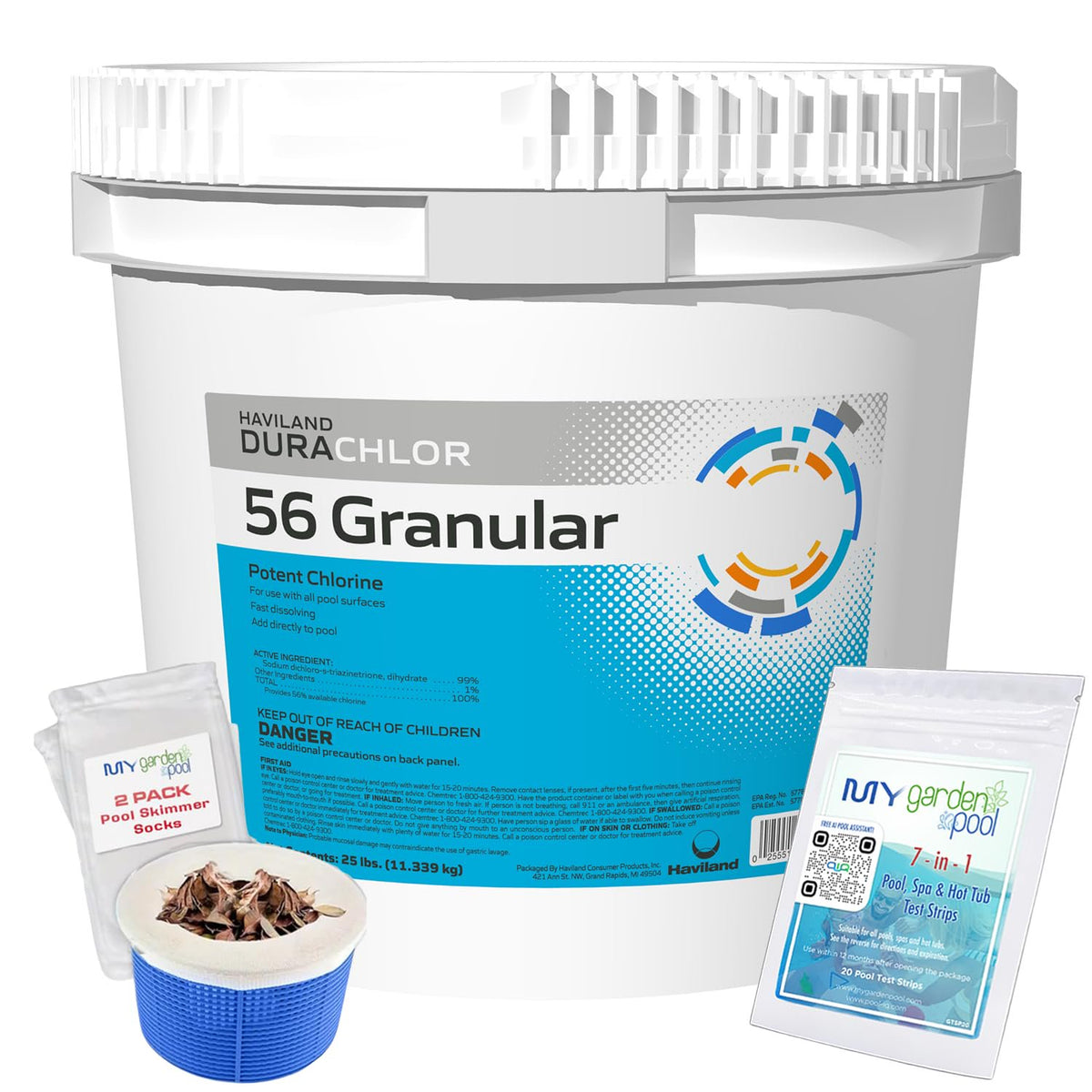 Haviland Durachlor 56 Granular 25 lb with My Garden Pool Scum Socks, Test Strip & Pool-IQ AI Assistant