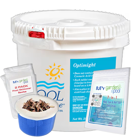 Pool Breeze Optimight Cal Hypo Chlorine Tablets – 20.2 lb Pail – Slow-Dissolving Formula – Includes Scum Socks & Test Strips