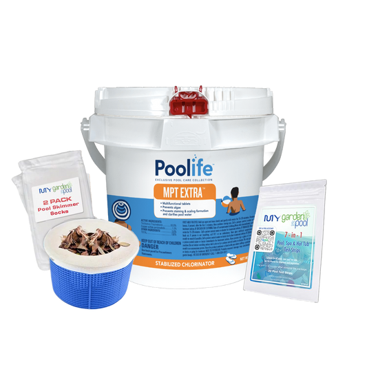 Poolife MPT Extra 4 lb – 3-in-1 Chlorine Tablets for Complete Pool Care – Sanitizes, Clarifies & Prevents Algae – Includes 2 Scum Socks and 7-in-1 Test Strips