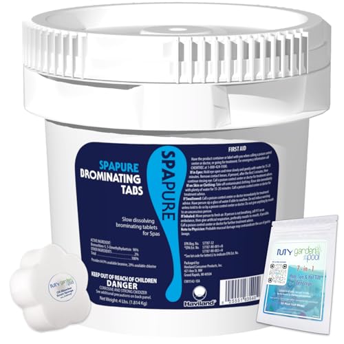 SpaPure Bromine Tablets 4 LBS Bucket with My Garden Pool Test Strips and Scum Sponge Flower