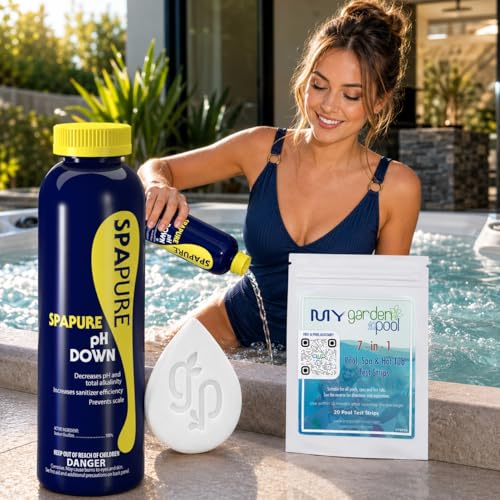 SpaPure pH Down 24 Oz Includes My Garden Pool 20 Ct. Test Strips & Scum Sponge – Lowers pH & Alkalinity for – image 2