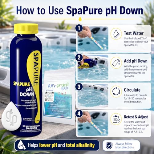 SpaPure pH Down 24 Oz Includes My Garden Pool 20 Ct. Test Strips & Scum Sponge – Lowers pH & Alkalinity for – image 3