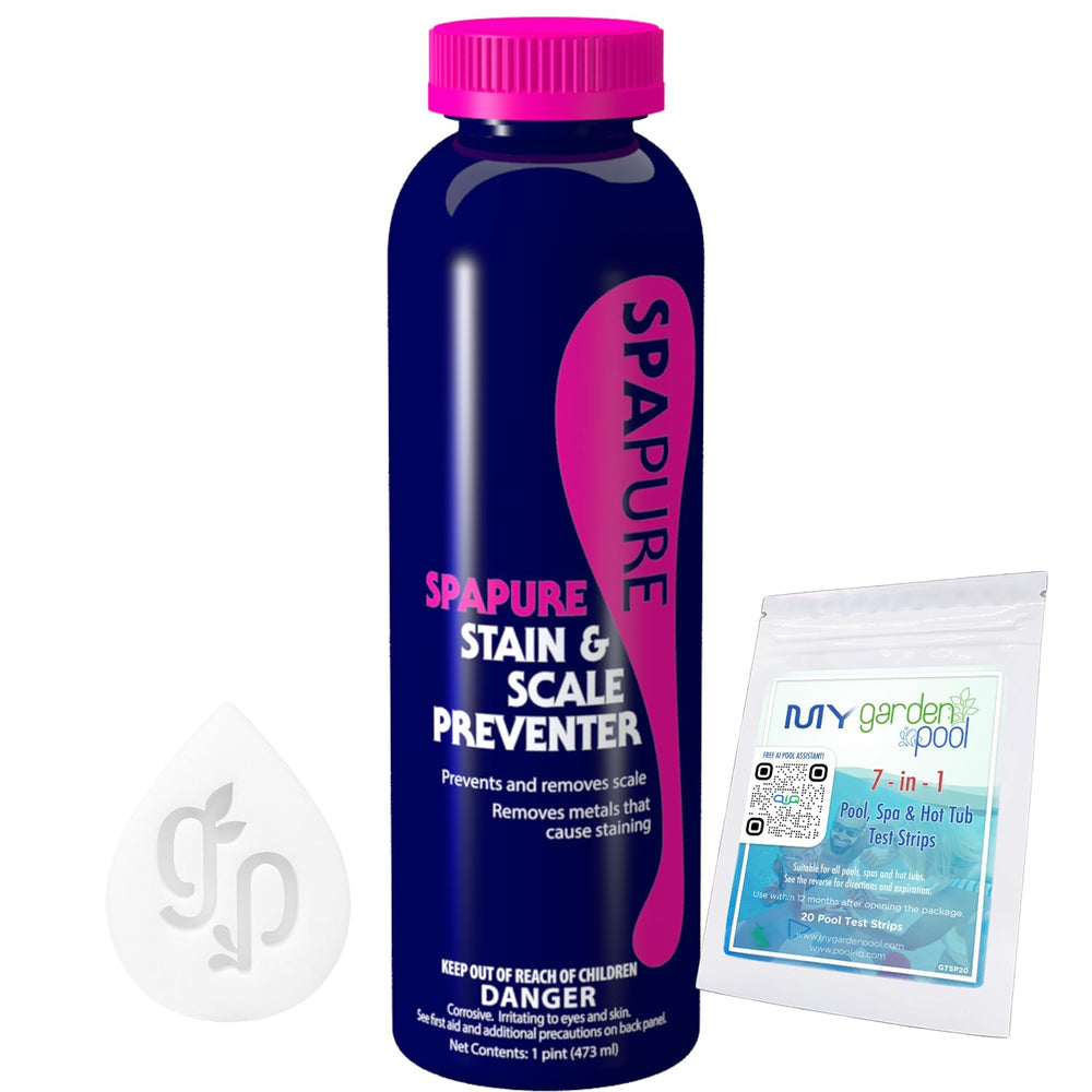 SpaPure Stain & Scale Preventer 1 Pint with My Garden Pool Test Strips and Scum Sponge