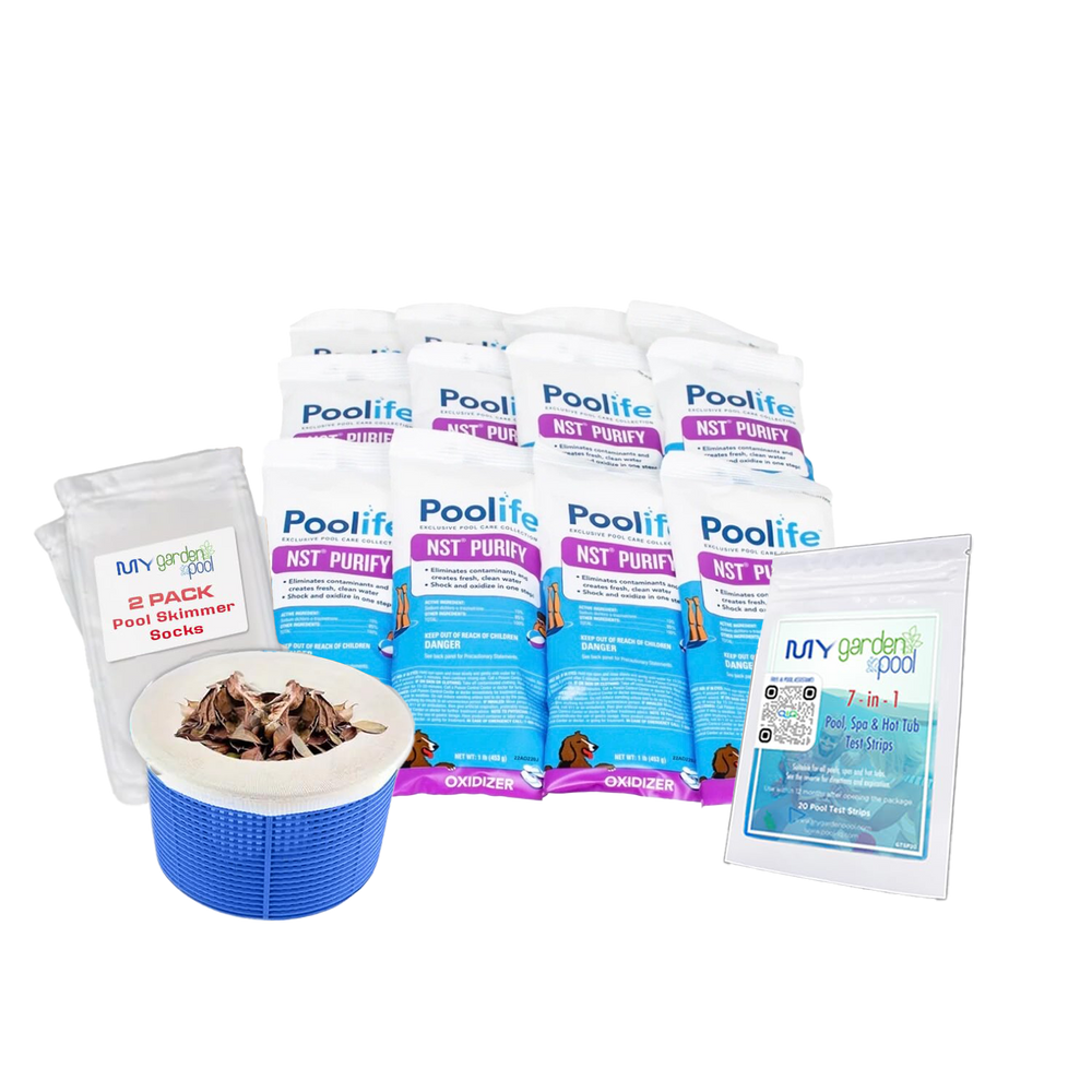 Poolife NST Purify 1 lb x 12 Pack – Stabilizer-Free Chlorine Shock Tablets for Pools – Long-Lasting Weekly Treatment – Includes 2 Scum Socks and 7-in-1 Test Strips