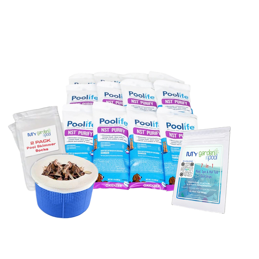 Poolife NST Purify 1 lb x 12 Pack – Stabilizer-Free Chlorine Shock Tablets for Pools – Long-Lasting Weekly Treatment – Includes 2 Scum Socks and 7-in-1 Test Strips