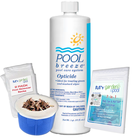Pool Breeze Opticide Copper Algaecide – 32 oz – Long-Lasting Algae Prevention – Includes Scum Socks & Test Strips