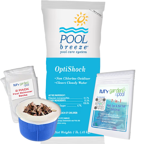 Pool Breeze Optishock Non-Chlorine Shock – 1 lb Bag – Potassium Monopersulfate – Includes Scum Socks & Test Strips