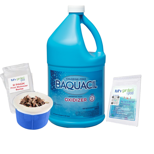 BAQUACIL Swimming Pool Oxidizer – 1 Gallon Non-Chlorine Shock Treatment – Oxidizes Organic Contaminants – Includes Test Strips & Scum Socks