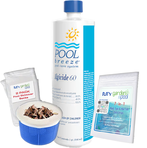 Pool Breeze Algaecide 60 – 32 oz Bottle – Non-Foaming Algae Control – Includes Scum Socks & Test Strips