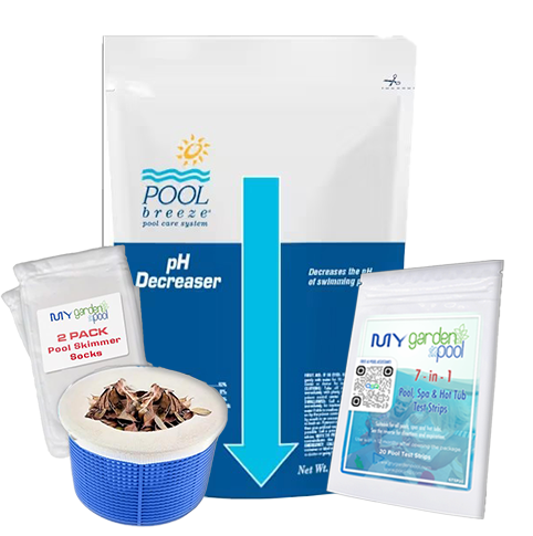 Pool Breeze pH Decreaser – 6 lb Bag – Lowers Alkalinity & pH – Includes Scum Socks & Test Strips