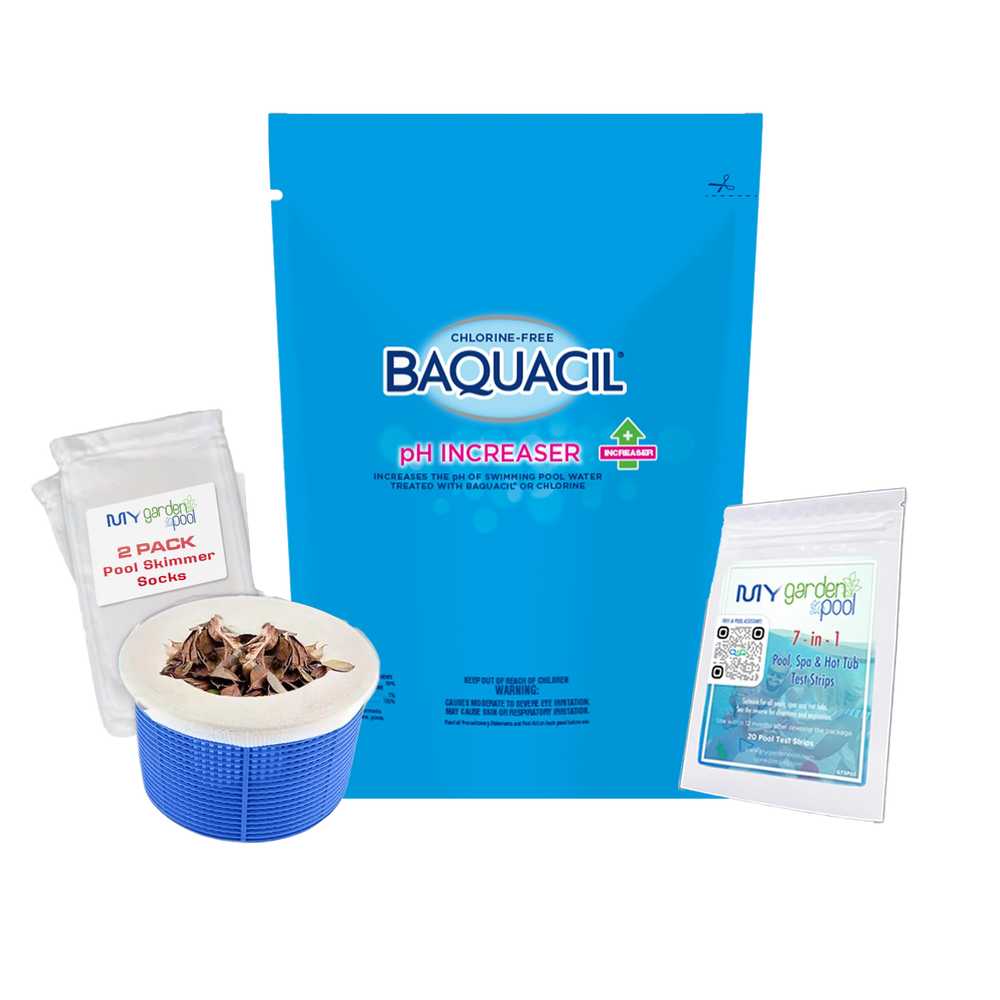 BAQUACIL pH Increaser – 4 lb Bag – Safely Raises Low pH in Chlorine-Free Pools – Helps Prevent Corrosion & Eye Irritation – Includes Scum Socks & Test Strips