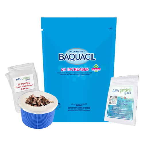 BAQUACIL pH Increaser – 4 lb Bag – Safely Raises Low pH in Chlorine-Free Pools – Helps Prevent Corrosion & Eye Irritation – Includes Scum Socks & Test Strips