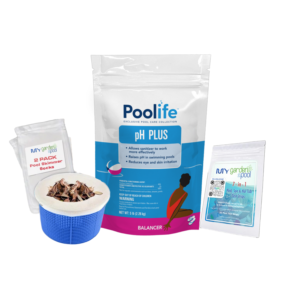 Poolife pH Plus 5 lb – Fast-Dissolving pH Increaser for Pools – Boosts Water Balance Instantly – With 2 Scum Socks and 7-in-1 Test Strips