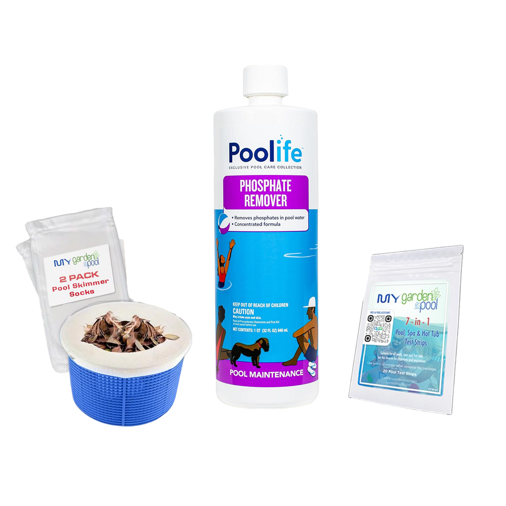 Poolife Phosphate Remover 32 fl oz – Controls Algae-Causing Phosphates – Crystal Clear Water – Includes Test Strips and 2 Scum Socks
