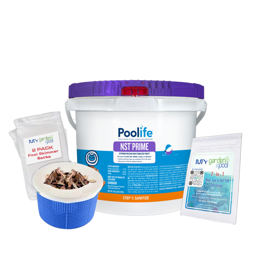 Poolife NST Prime Tablets 39 lb – Stabilizer-Free Chlorine Tablets – Long-Lasting Sanitizer – Includes 2 Scum Socks and 7-in-1 Test Strips
